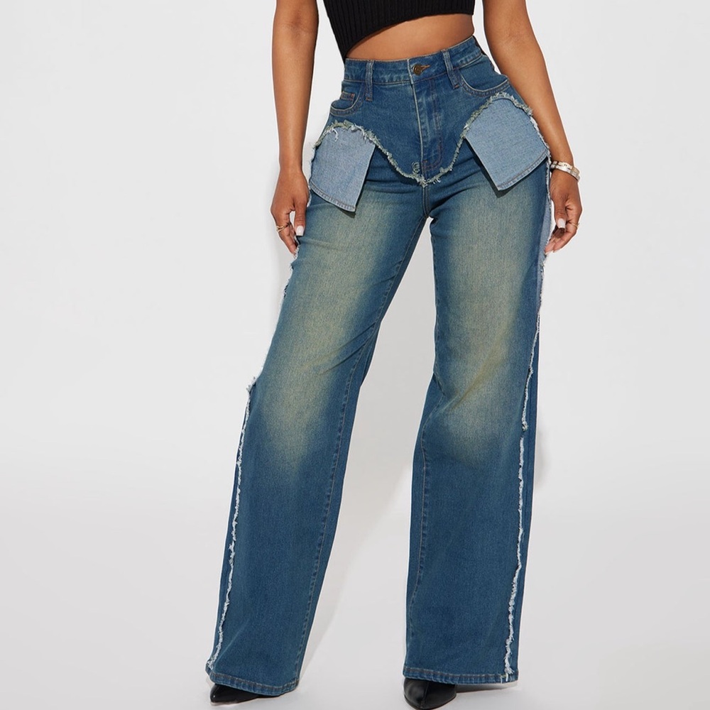 Fashion Nova Blue Flare Jeans with Distressed Details